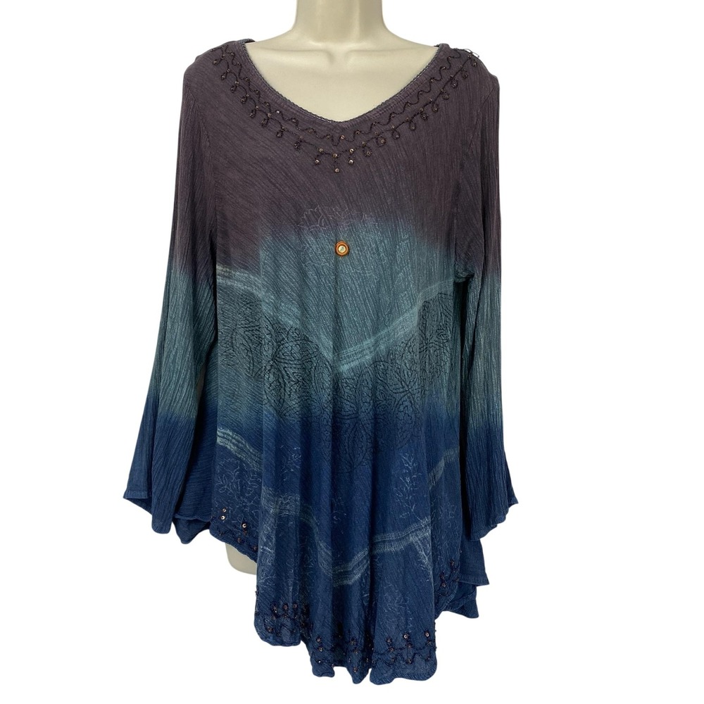 Greater Good Tunic Top Womens 1X 2X Blue Ombre Beaded Fairy Grunge Boho Gauzy